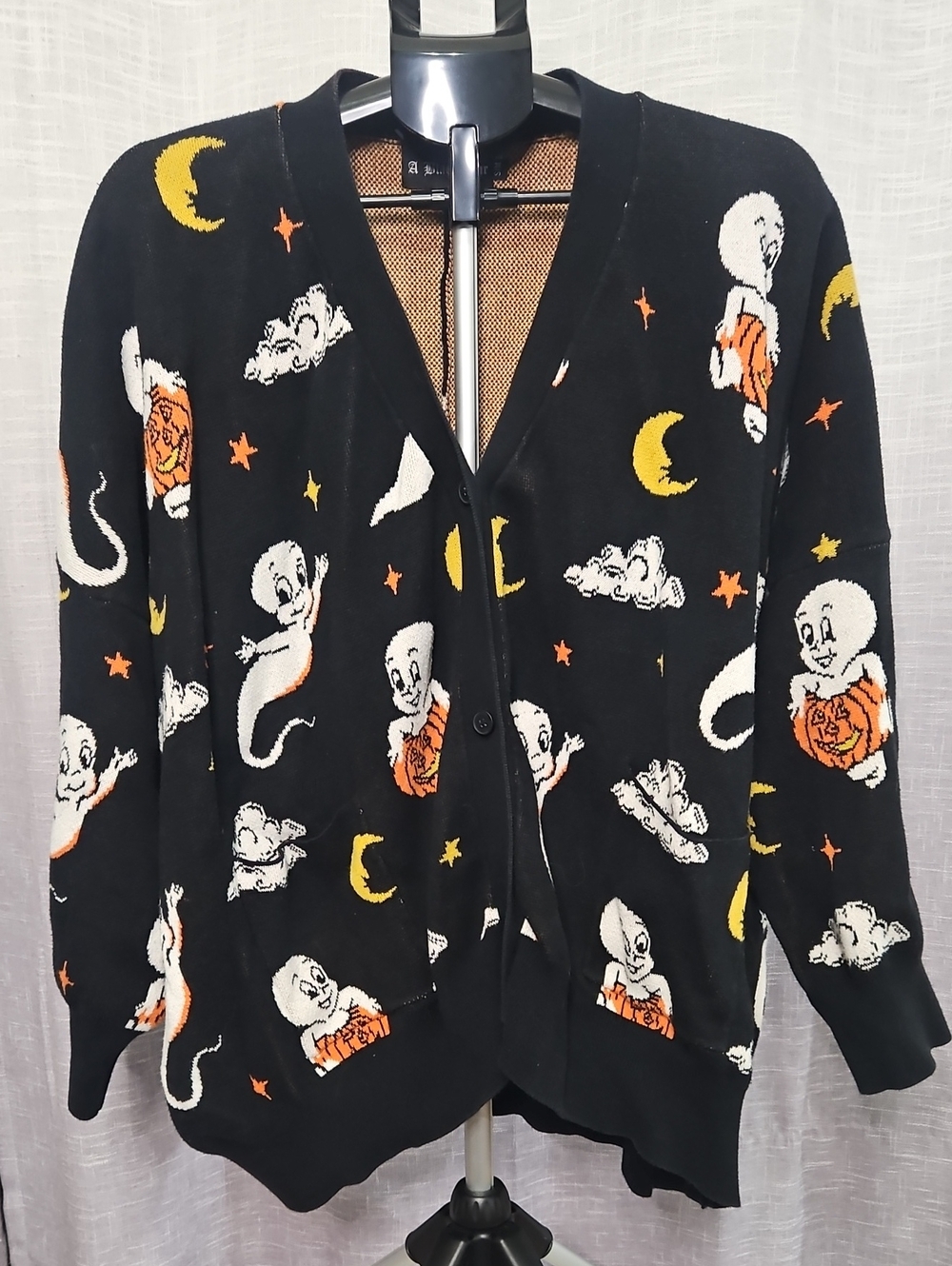A Black Star Friendly Ghost Slouchy Cardigan Halloween Knit Sweater